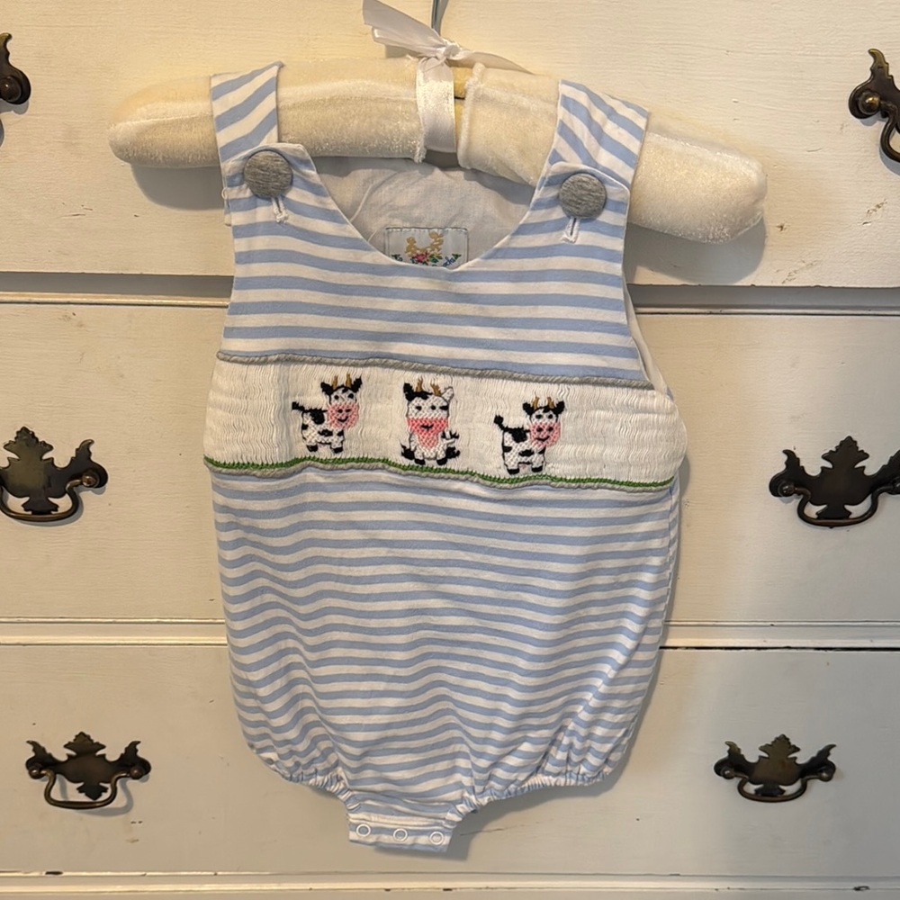 Blue and White Striped Baby Romper with Cow Design